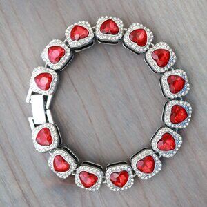 12.5mm 8inches Red Heart Diamond Chain Rhinestones Silver Plated Bracelet